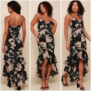 Lulus Black Beige Floral Darling Daylily Strappy Hi Low Maxi Dress Medium NWT